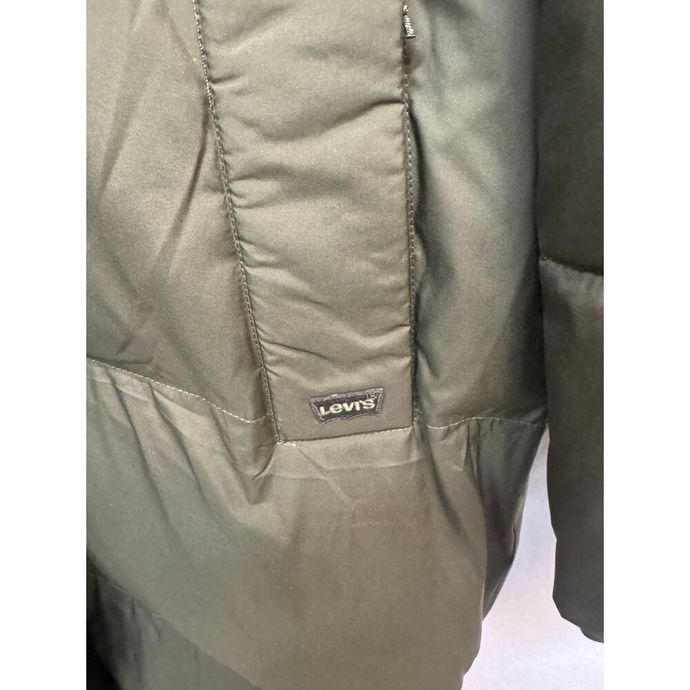 Levis Womens Olive Green Long Hooded Puffer Coat Front Zipper Snap Buttons Small - Picture 5 of 13